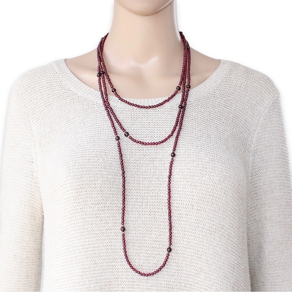 Estate Indian Garnet Beaded Necklace Sterling Silver Bead Extra Long 80” Strand - Picture 2 of 7